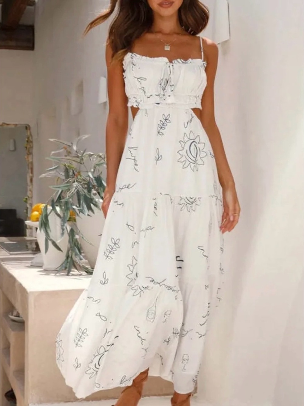 White Floral Print Maxi Sundress with Spaghetti Straps, open back